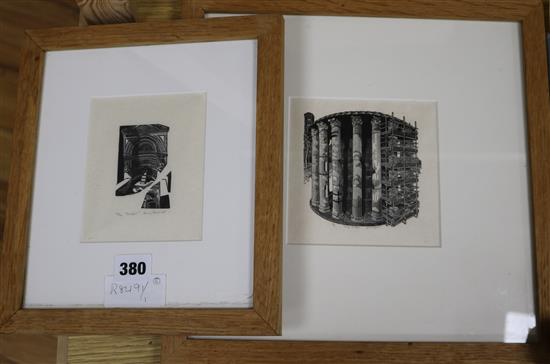 Anne Desmet, 2 wood engravings, Temple of Vesta and Pompeii, signed in pencil, largest 13 x 13cm